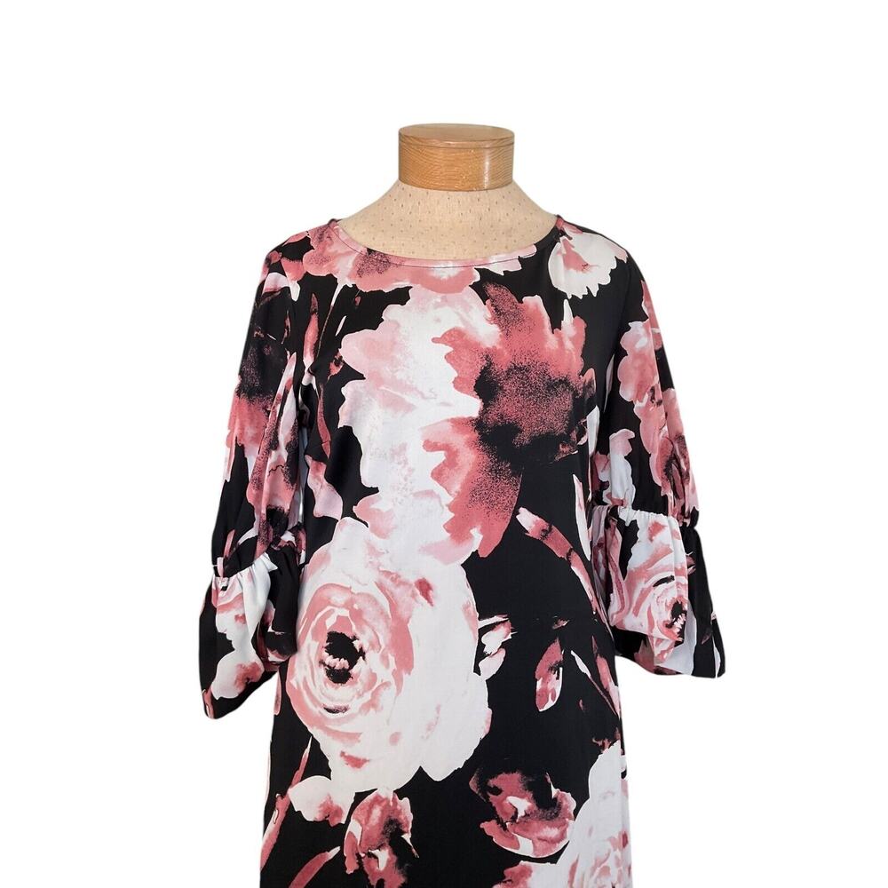 Cato L Black Pink Floral Puff Sleeve Dress Polyester Spandex Keyhole Back - Picture 10 of 13